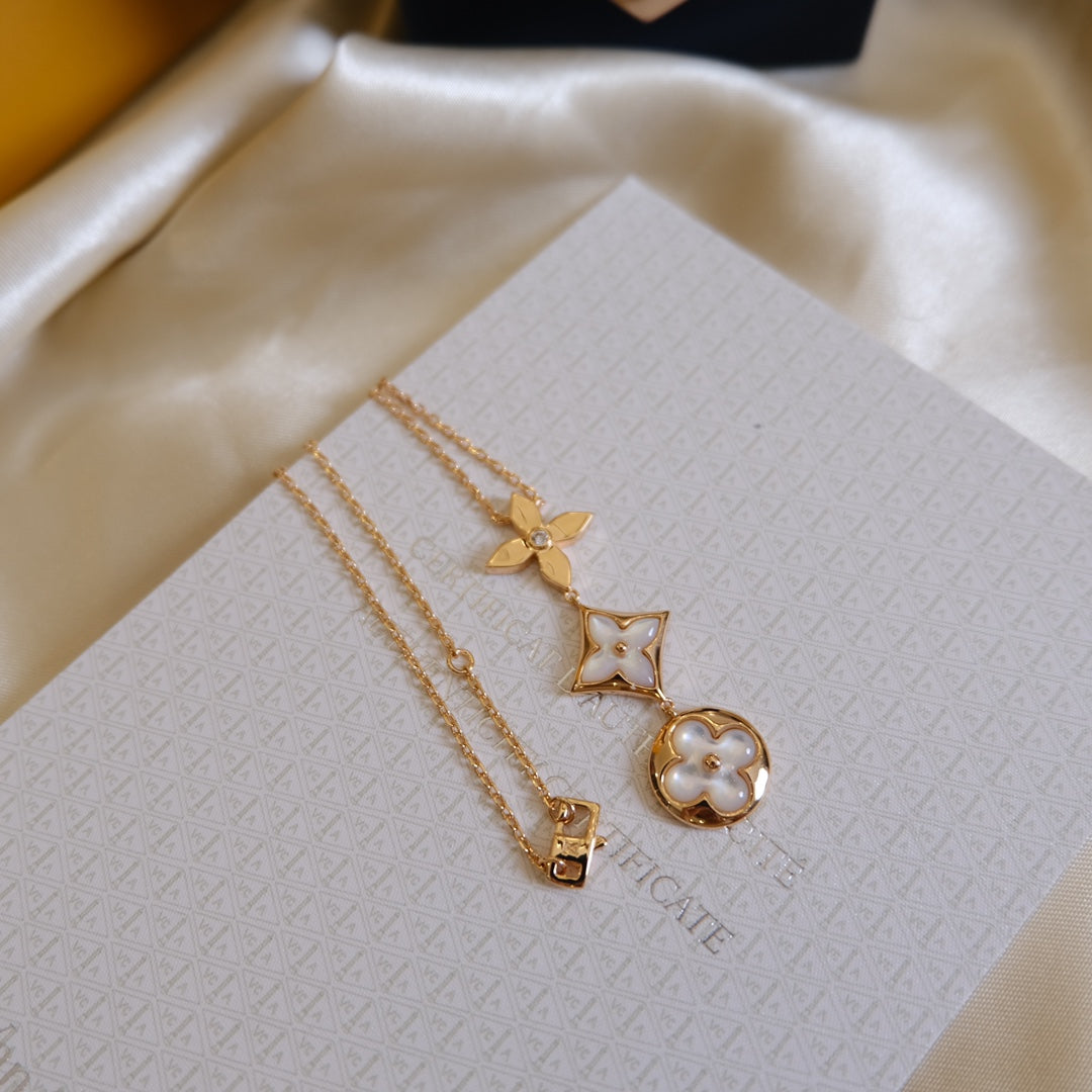 [⭐Renara]COLOR BLOSSOM LARIAT NECKLACE PINK GOLD WHITE MOTHER PEARL AND DIAMOND