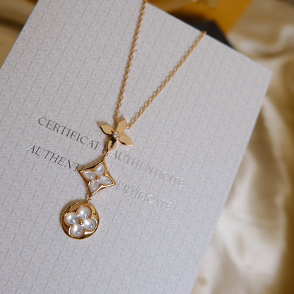 [⭐Renara]COLOR BLOSSOM LARIAT NECKLACE PINK GOLD WHITE MOTHER PEARL AND DIAMOND