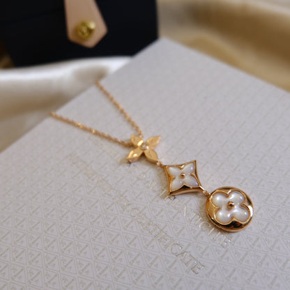 [⭐Renara]COLOR BLOSSOM LARIAT NECKLACE PINK GOLD WHITE MOTHER PEARL AND DIAMOND