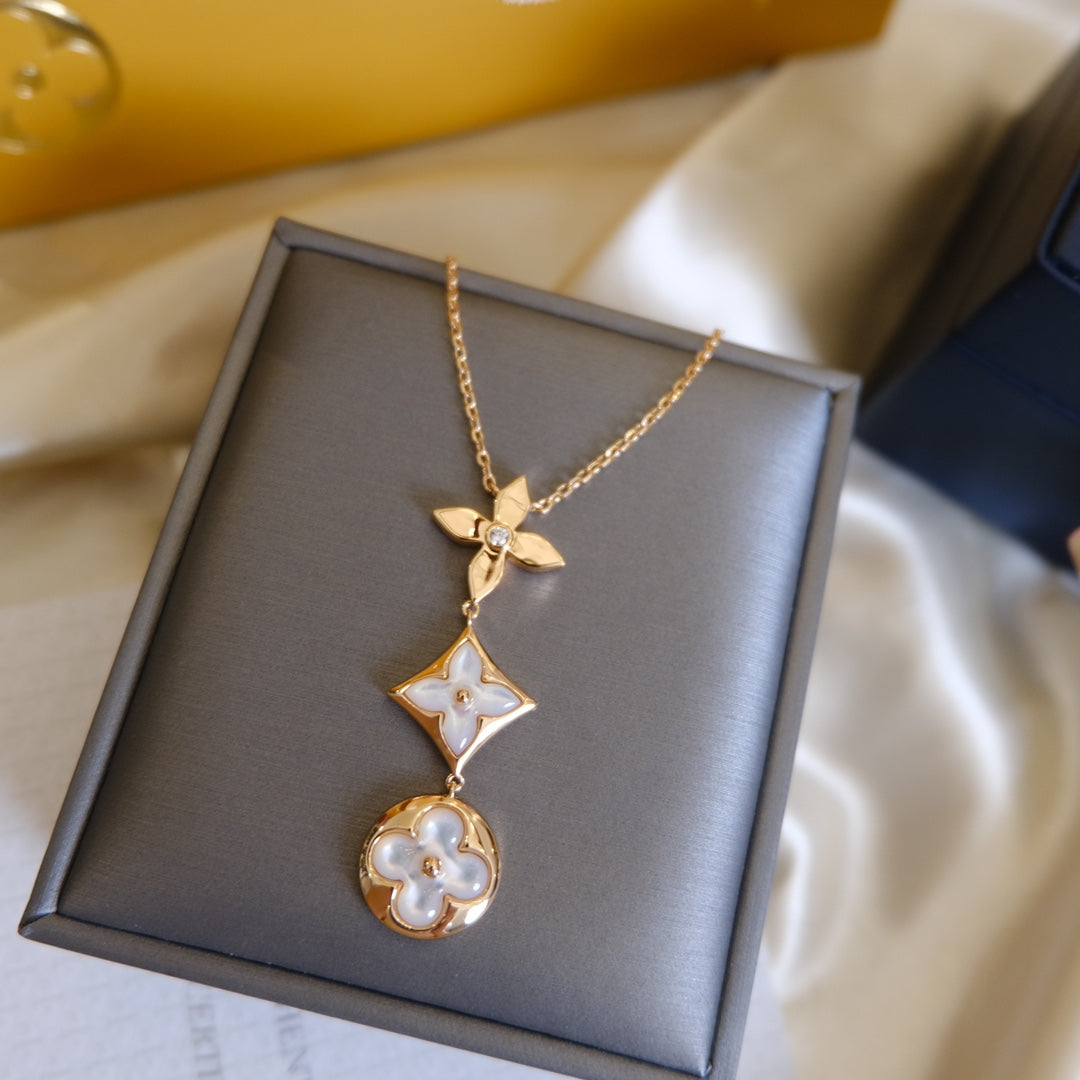 [⭐Renara]COLOR BLOSSOM LARIAT NECKLACE PINK GOLD WHITE MOTHER PEARL AND DIAMOND