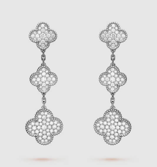 [⭐Renara]CLOVER 3 MOTIF DIAMOND SILVER DROP EARRINGS