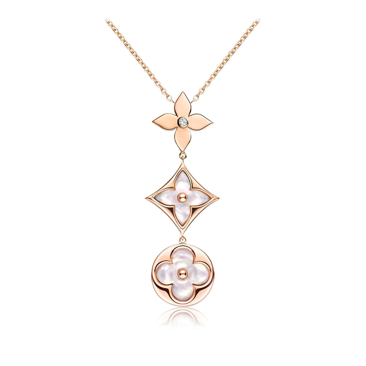 [⭐Renara]COLOR BLOSSOM LARIAT NECKLACE PINK GOLD WHITE MOTHER PEARL AND DIAMOND
