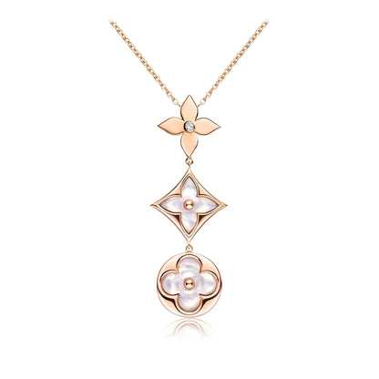 [⭐Renara]COLOR BLOSSOM LARIAT NECKLACE PINK GOLD WHITE MOTHER PEARL AND DIAMOND