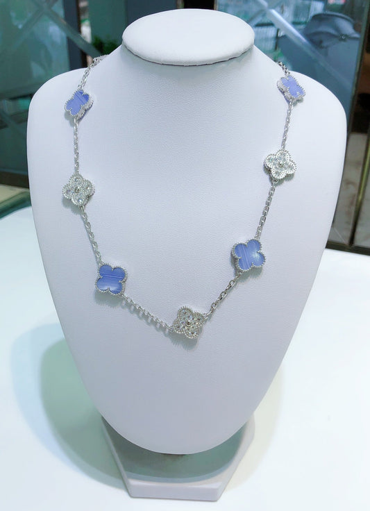 [⭐Renara]CLOVER 10 MOTIFS CHALCEDONY DIAMONDS SILVER NECKLACE