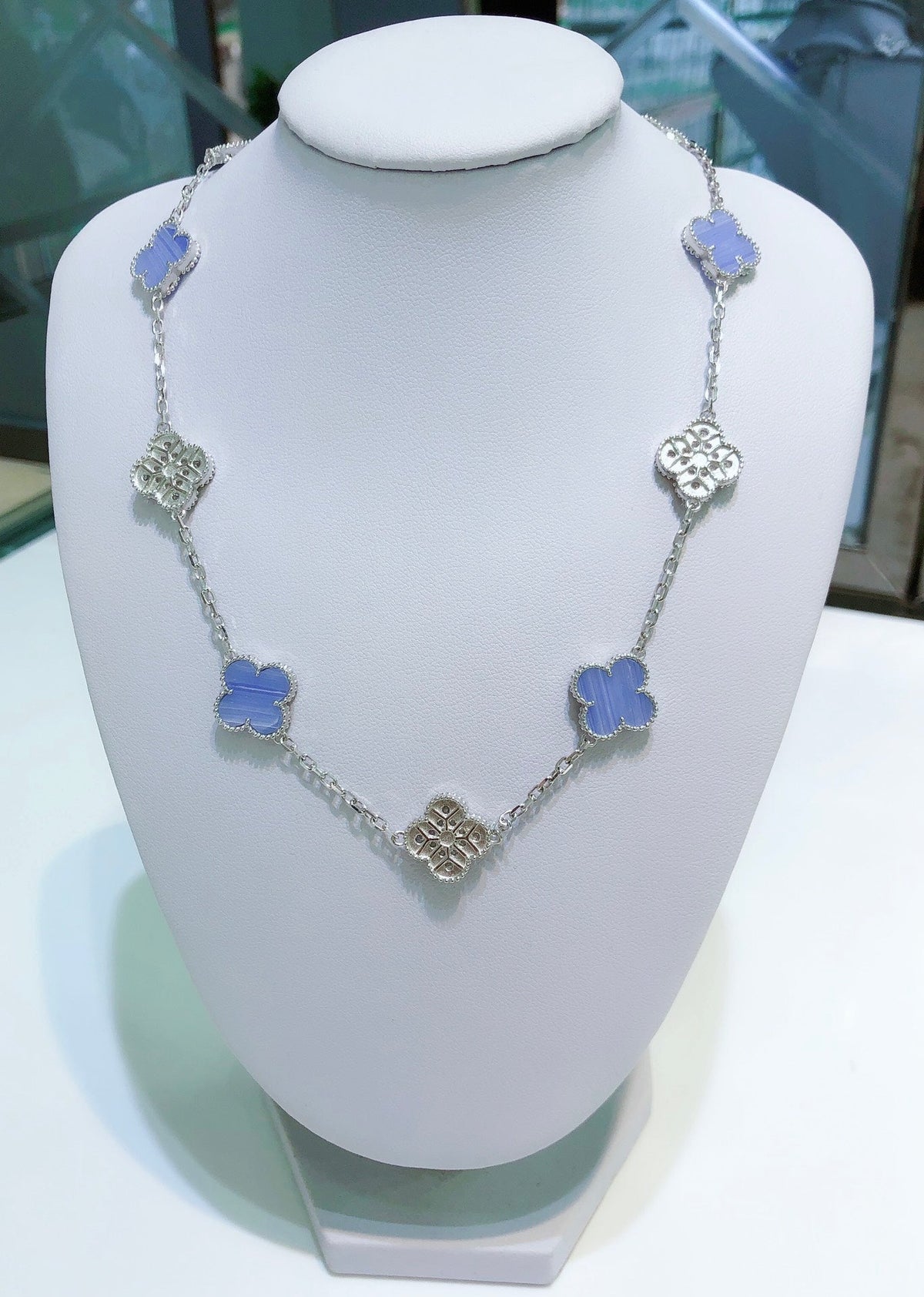 [⭐Renara]CLOVER 10 MOTIFS CHALCEDONY DIAMONDS SILVER NECKLACE