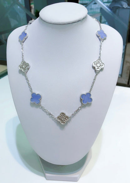 [⭐Renara]CLOVER 10 MOTIFS CHALCEDONY DIAMONDS SILVER NECKLACE