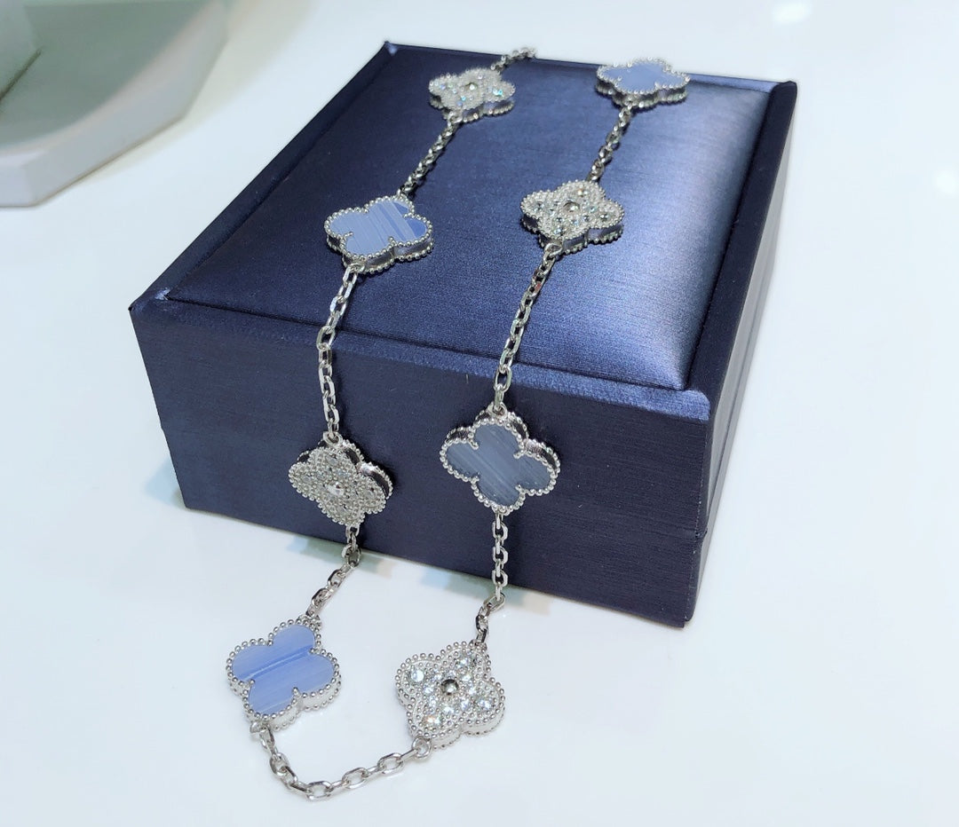 [⭐Renara]CLOVER 10 MOTIFS CHALCEDONY DIAMONDS SILVER NECKLACE