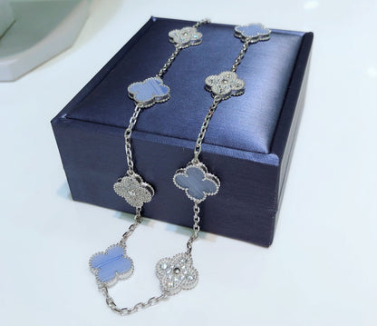 [⭐Renara]CLOVER 10 MOTIFS CHALCEDONY DIAMONDS SILVER NECKLACE