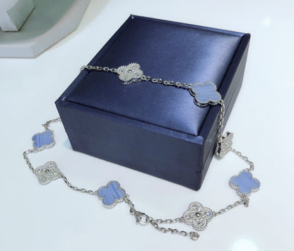 [⭐Renara]CLOVER 10 MOTIFS CHALCEDONY DIAMONDS SILVER NECKLACE