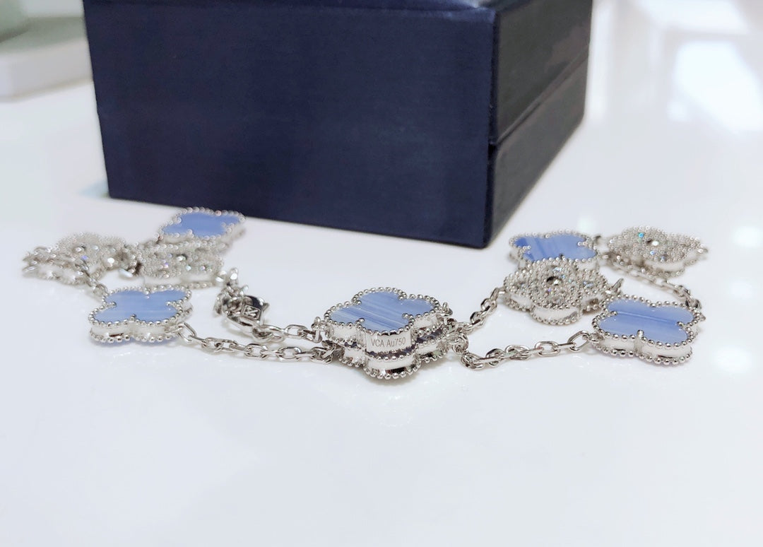 [⭐Renara]CLOVER 10 MOTIFS CHALCEDONY DIAMONDS SILVER NECKLACE