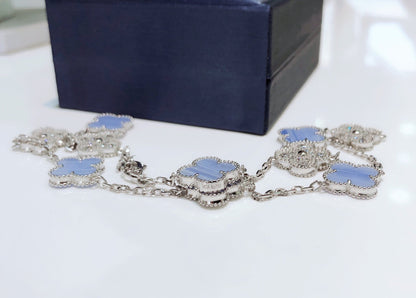 [⭐Renara]CLOVER 10 MOTIFS CHALCEDONY DIAMONDS SILVER NECKLACE