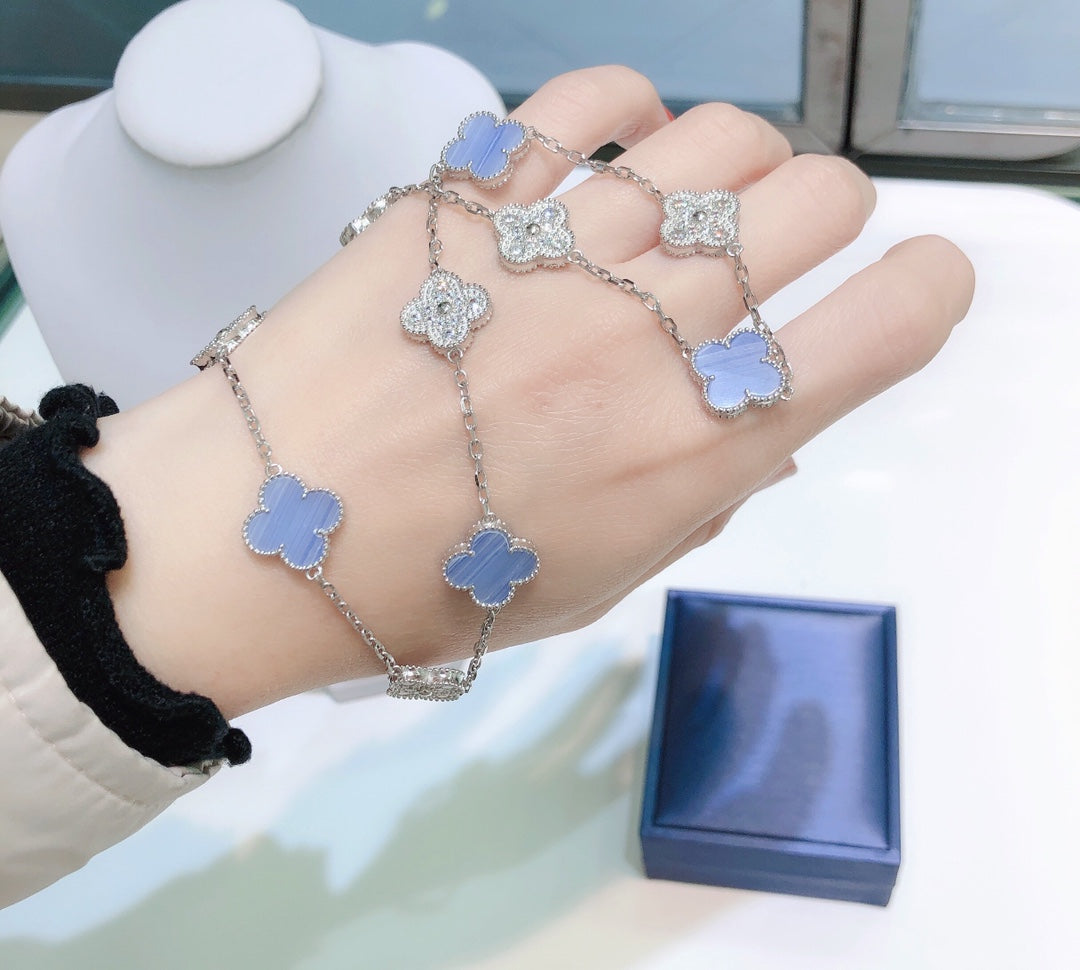 [⭐Renara]CLOVER 10 MOTIFS CHALCEDONY DIAMONDS SILVER NECKLACE