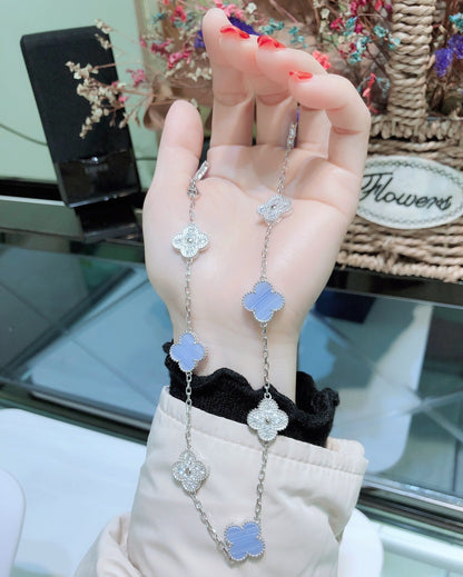[⭐Renara]CLOVER 10 MOTIFS CHALCEDONY DIAMONDS SILVER NECKLACE
